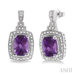 8X6 MM Cushion Shape Amethyst and 1/10 Ctw Round Cut Diamond Earrings in Sterling Silver