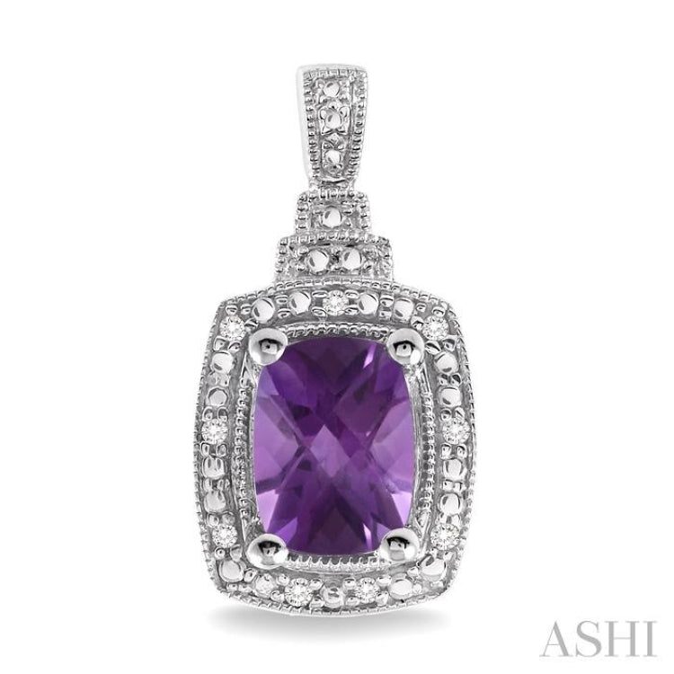 8X6 MM Cushion Shape Amethyst and 1/10 Ctw Round Cut Diamond Earrings in Sterling Silver