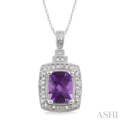 9X7 MM Cushion Shape Amethyst and 1/10 Ctw Round Cut Diamond Pendant in Sterling Silver with Chain