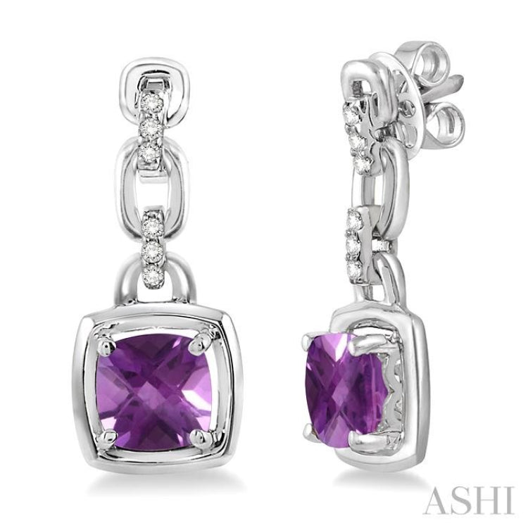 6X6 MM Cushion Checker Amethyst and 1/10 Ctw Round Cut Diamond Earrings in Sterling Silver