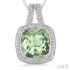 10X10 MM Cushion Shape Green Amethyst and 1/20 Ctw Round Cut Diamond Pendant in Sterling Silver with Chain