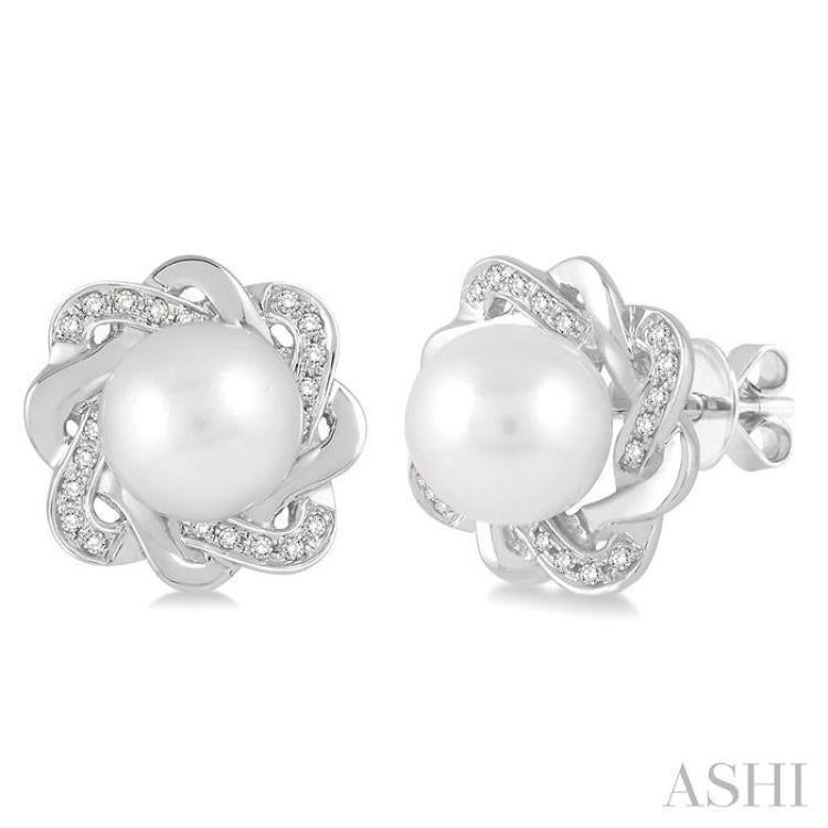 6x6 MM Round Shape Cultured Pearls and 1/10 Ctw Round Cut Diamond Earrings in Sterling Silver