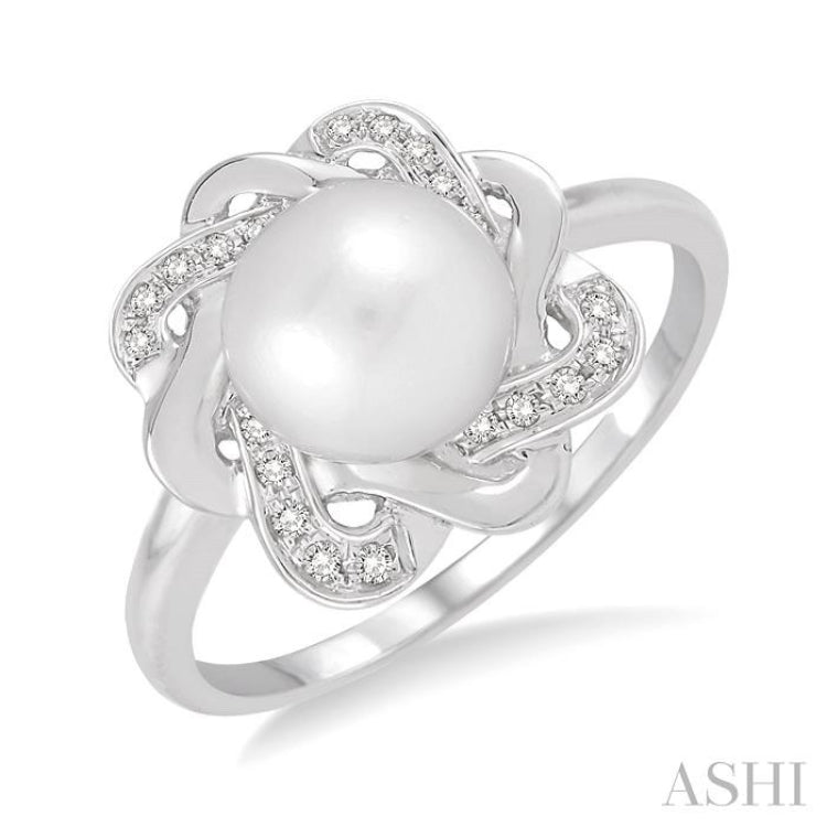 6.5 MM Round Shape Cultured Pearl and 1/10 Ctw Round Cut Diamond Ring in Sterling Silver