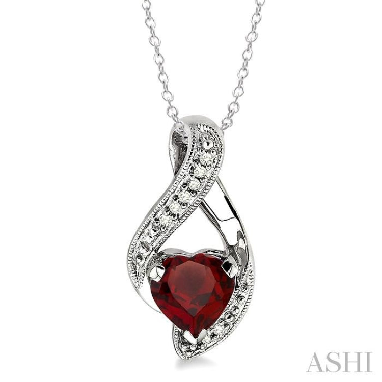 7x7 MM Heart Shape Garnet and 1/20 Ctw Round Cut Diamond Pendant in Sterling Silver with Chain