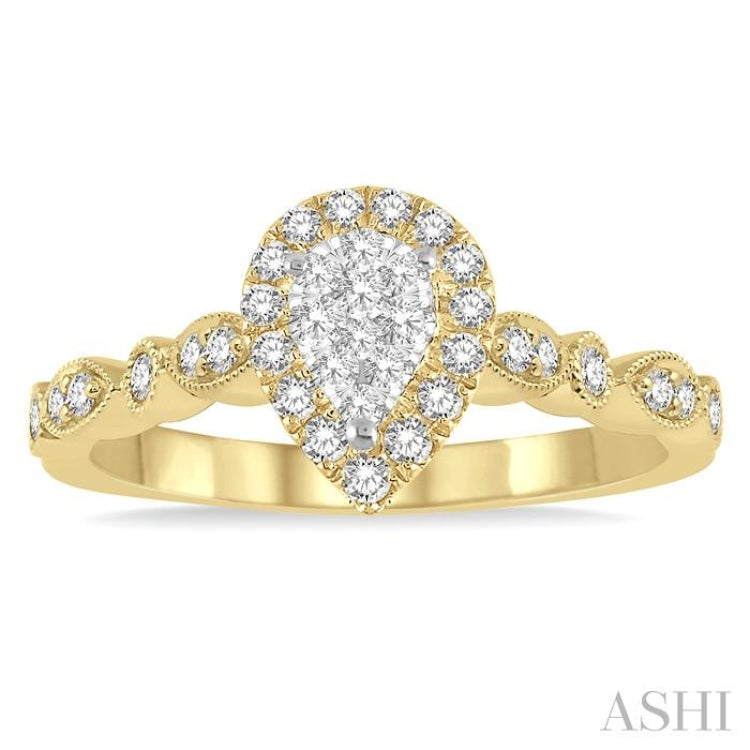 1/3 Ctw Lattice Pear Shape Lovebright Round Cut Diamond Engagement Ring in 14K Yellow and White Gold