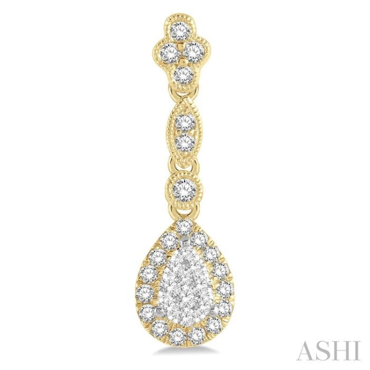 5/8 Ctw Pear Shape Halo Lovebright Round Cut Diamond Earrings in 14K Yellow and White Gold