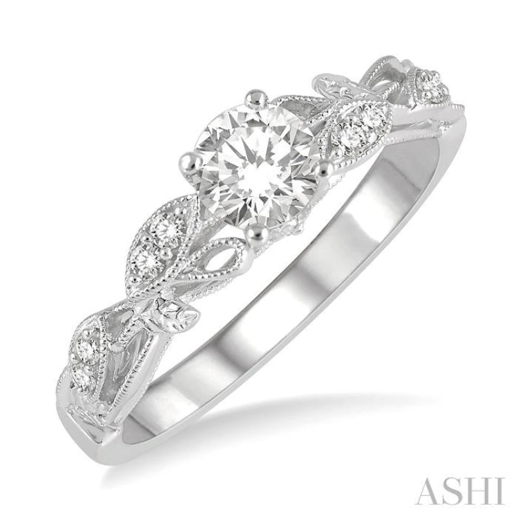 1/3 Ctw Leaf Criss Cross Shank Round Cut Diamond Engagement Ring with 1/4 Ct Round Cut Center Stone in 14K White Gold