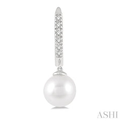 6 MM Round Shape Cultured Pearls and 1/8 Ctw Round Cut Diamond Drop Petite Huggie Earrings 10K White Gold