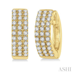 1/2 Ctw Triple Row Round Cut Diamond Huggie Petite Earrings in 14K Yellow Gold
