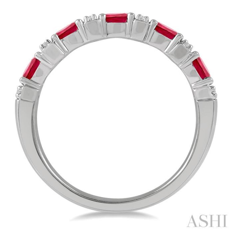 4x3 MM Oval Shape Ruby and 1/6 Ctw Round Cut Diamond Precious Band in 14K White Gold