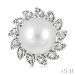 6x6 MM Round Shape Cultured Pearls and 1/10 Ctw Sunflower Round Cut Diamond Earrings in 10K White Gold