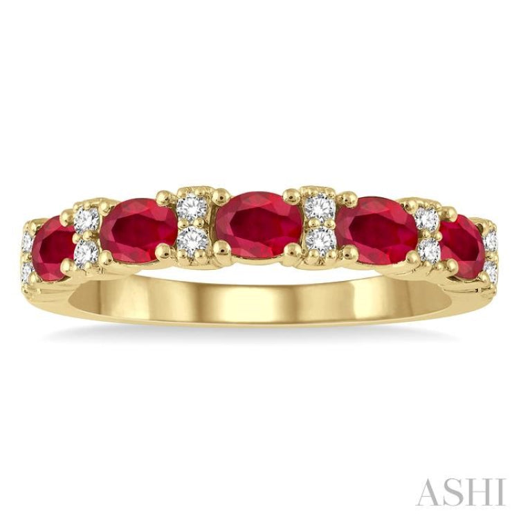 4x3 MM Oval Shape Ruby and 1/6 Ctw Round Cut Diamond Precious Band in 14K Yellow Gold
