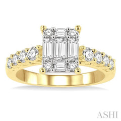 1 Ctw Fusion Baguette and Round Cut Diamond Engagement Ring in 14K Yellow and White gold