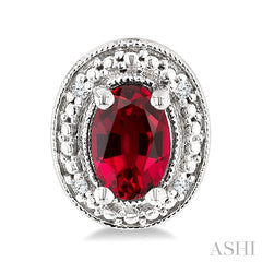 6X4 MM Oval Shape Lab-Created Ruby and 1/50 Ctw Round Cut Diamond Precious Earrings in Sterling Silver