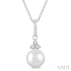 6 MM Round Shape Cultured Pearl and 1/50 Ctw Round Cut Diamond Petite Fashion Pendant With Chain in 10K White Gold