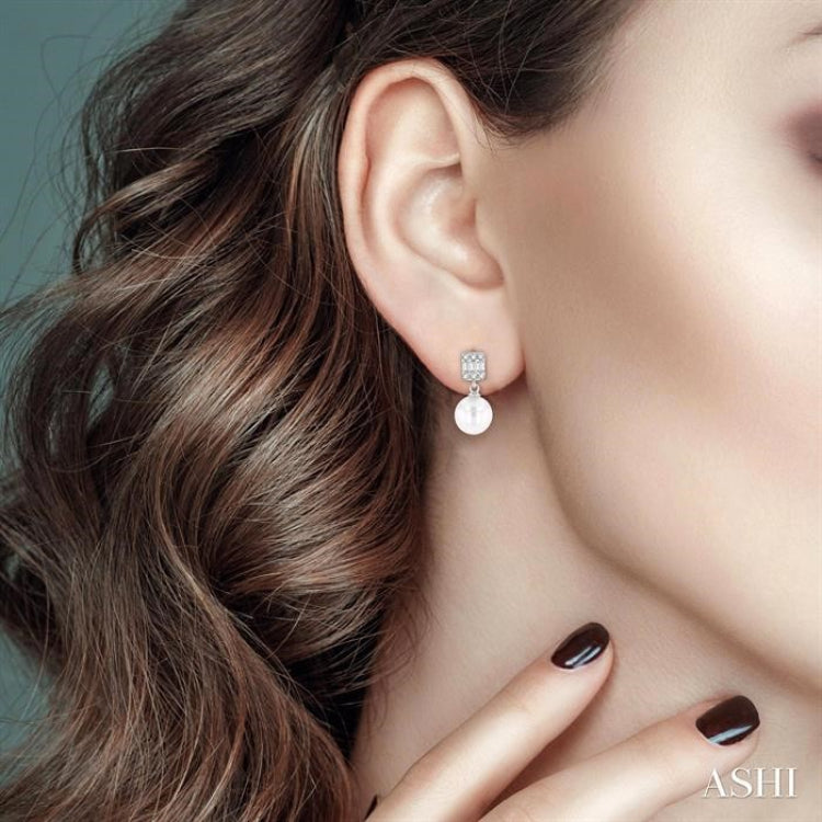 6 MM Cultured Pearls and 1/10 Ctw Baguette and Round Cut Diamond Earrings in 10K White Gold