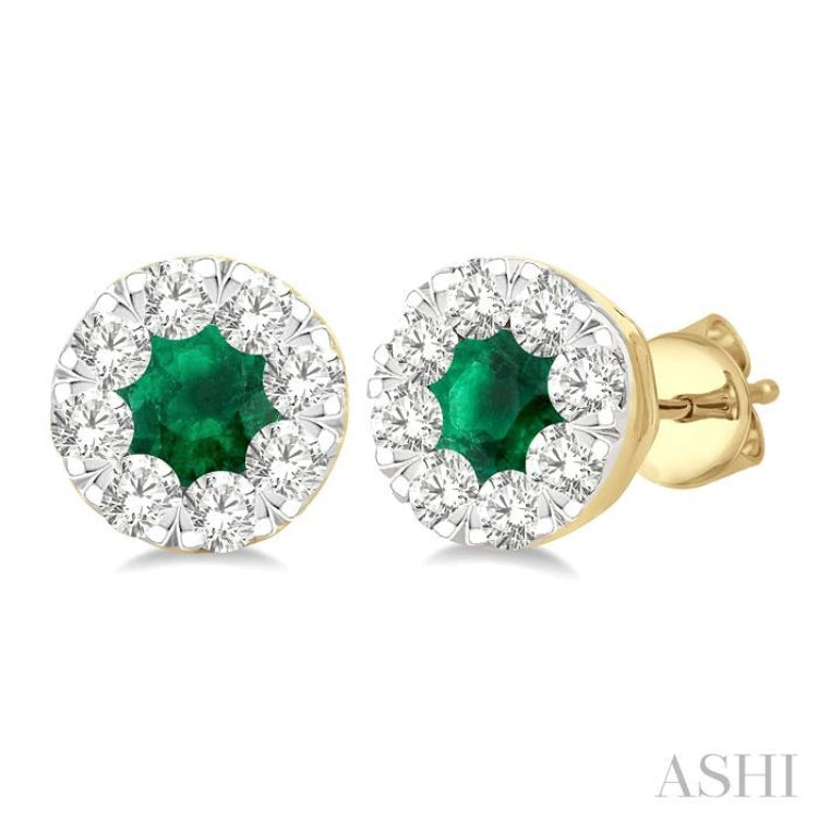 3.3 MM Emerald and 1/2 Ctw Round Cut Diamond Lovebright Precious Stud Earrings in 14K Yellow & White Gold
