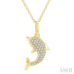 1/6 Ctw Petite Sea Life Dolphin Round Cut Diamond Fashion Pendant With Chain in 10K Yellow Gold
