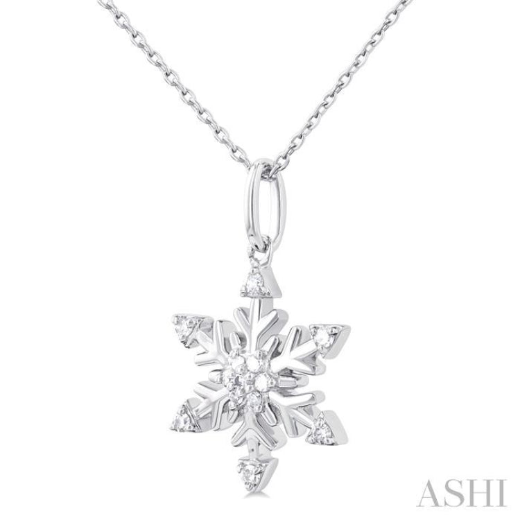 1/10 Ctw Petite Snowflake Round Cut Diamond Fashion Pendant With Chain in 10K White Gold