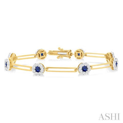 3 MM Sapphire and 1 1/5 Ctw Round Cut Diamond Paperclip Lovebright Precious Bracelet in 14K Yellow and White Gold