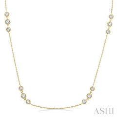 2 Ctw Three Stone Bezel Set Round Cut Diamond Station Necklace in 14K Yellow Gold