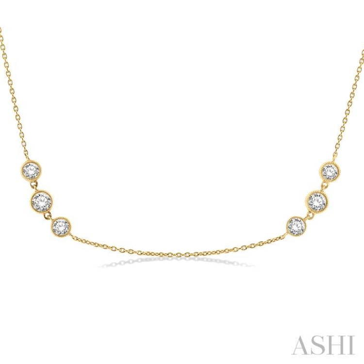 2 Ctw Three Stone Bezel Set Round Cut Diamond Station Necklace in 14K Yellow Gold