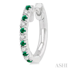 1.35 MM Round Shape Emerald and 1/10 Ctw Petite Round Cut Diamond Precious Fashion Huggies in 10K White Gold
