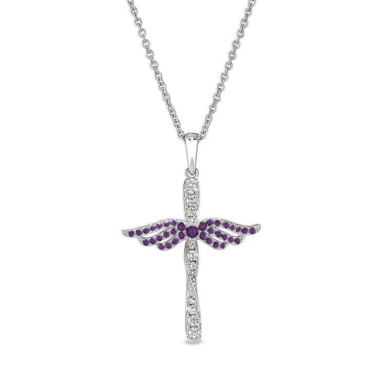 February Birthstone Angel Wing Cross Pendant