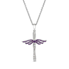 February Birthstone Angel Wing Cross Pendant