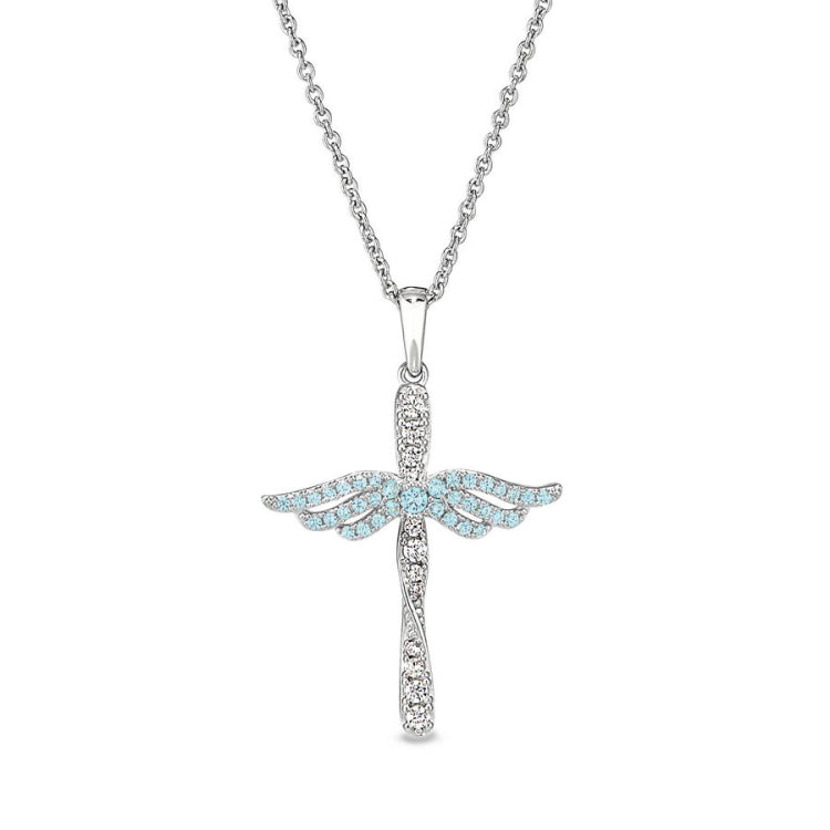 March Birthstone Angel Wing Cross Pendant