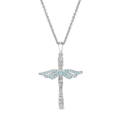 March Birthstone Angel Wing Cross Pendant