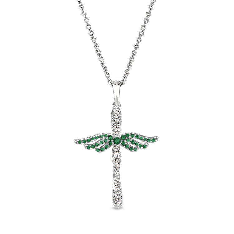 May Birthstone Angel Wing Cross Pendant