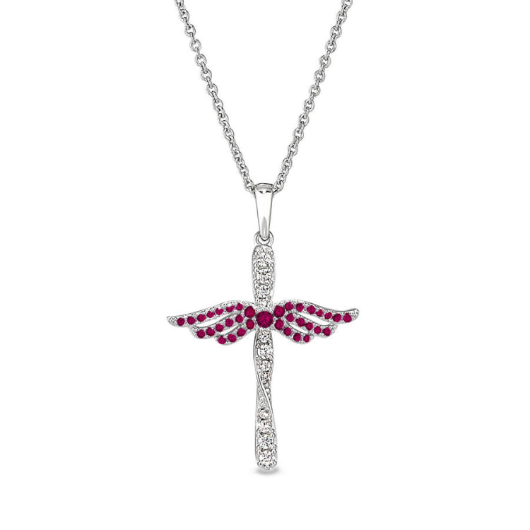July Birthstone Angel Wing Cross Pendant