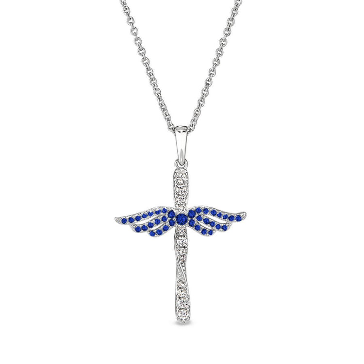 September Birthstone Angel Wing Cross Pendant