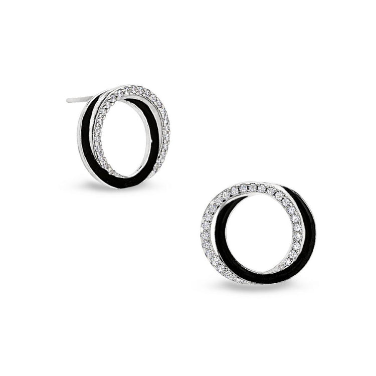 Double Open Circle Black Enamel Stud Earrings