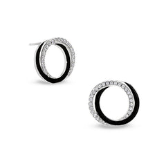 Double Open Circle Black Enamel Stud Earrings