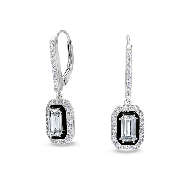 Octagon Black Enamel Halo Drop Earrings