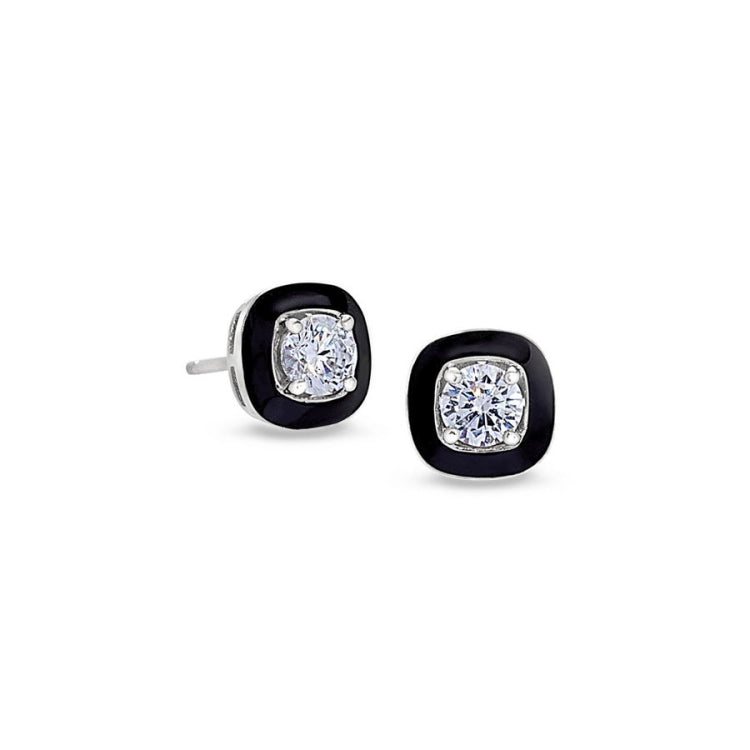 Cushion Cut Black Enamel Stud Earrings