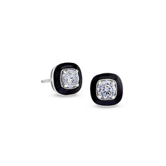 Cushion Cut Black Enamel Stud Earrings