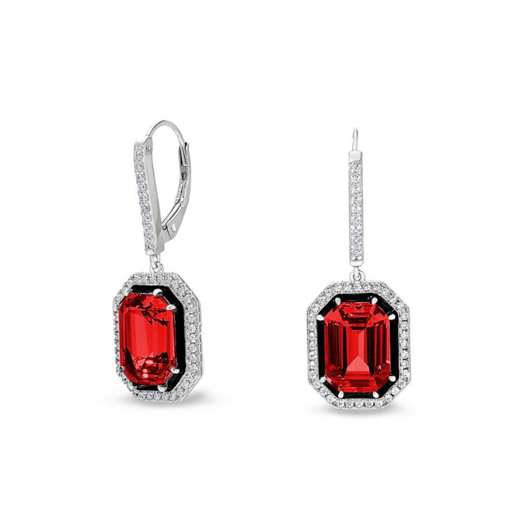 Ruby and Black Enamel Octagon Drop Earrings