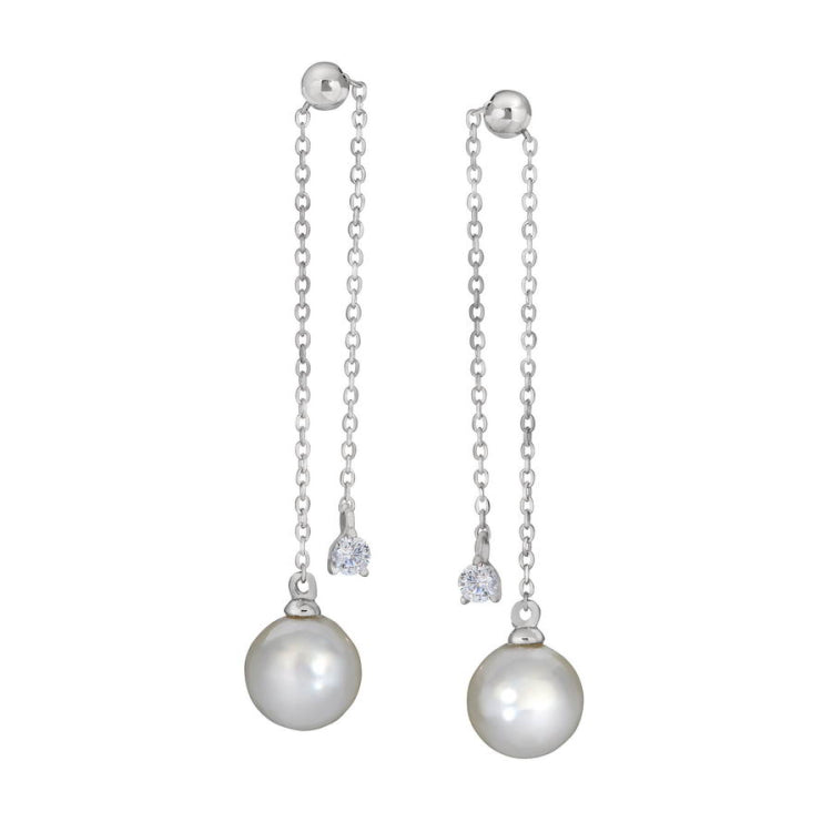 Double Chain Simulated Diamond and Pearl Drop Earrings