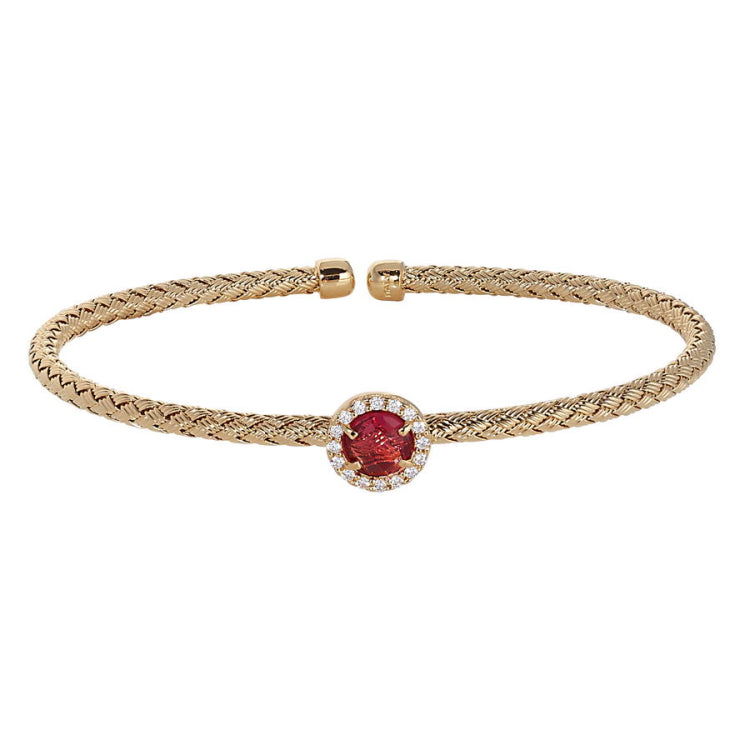 Round Pink Stone Basketweave Cuff Bracelet