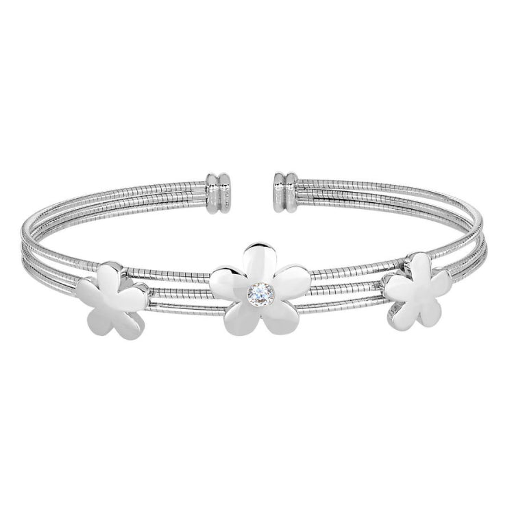 Three Flower with Central Stones Cable Cuff Bracelet