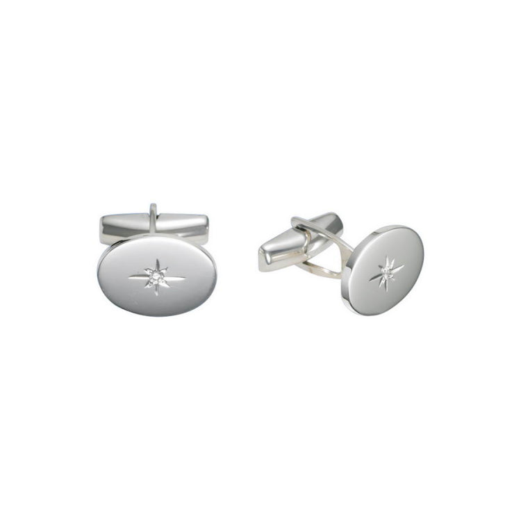 Polished Oval Cufflinks with Starburst and Diamond