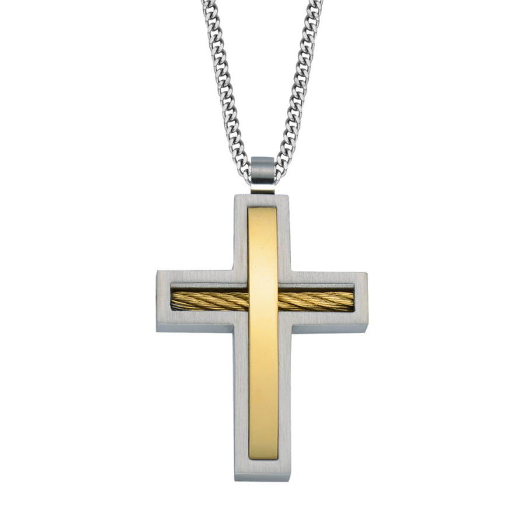Stainles Cross with Two Tone Gold IP Center