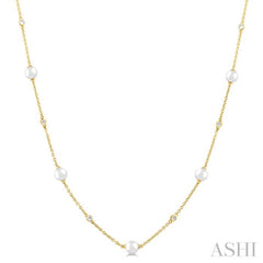3 MM Round Shape Cultured Pearl and 1/8 Ctw Round Cut Diamond Station Necklace in 14K Yellow Gold