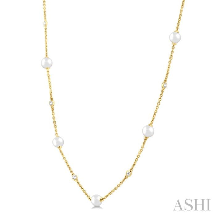 3 MM Round Shape Cultured Pearl and 1/8 Ctw Round Cut Diamond Station Necklace in 14K Yellow Gold