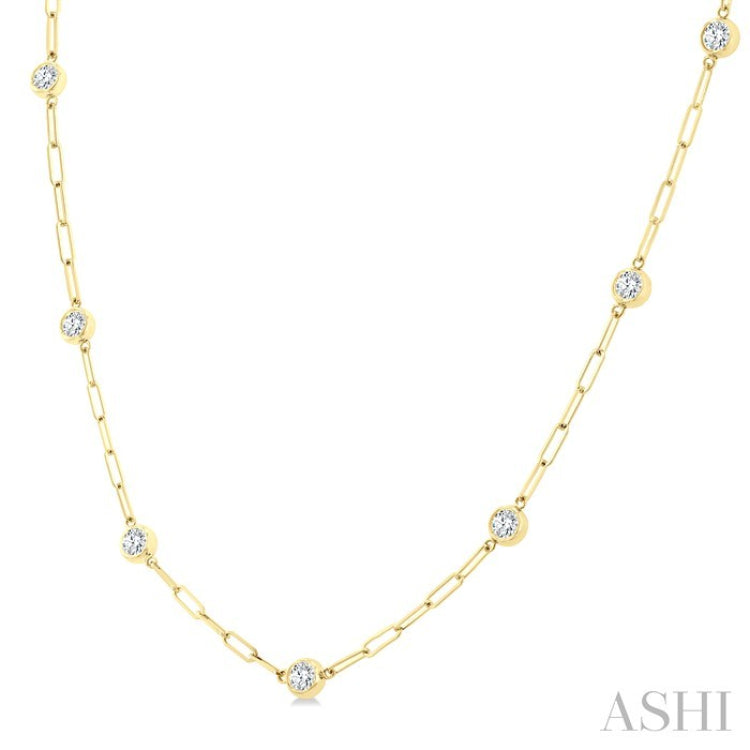 1 Ctw Bezel Set Round Cut Diamond Paperclip Station Necklace in 14K Yellow Gold