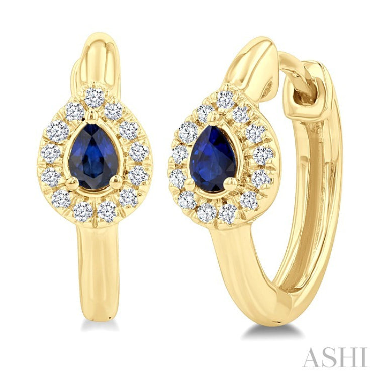 4X3 MM Pear Cut Sapphire and 1/10 Ctw Petite Round Cut Halo Diamond Fashion Huggies in 10K Yellow Gold