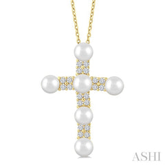 4 MM Cross Cultured Pearl and 1/5 Ctw Round Cut Diamond Semi-Precious Fashion Pendant With Chain in 10K Yellow Gold